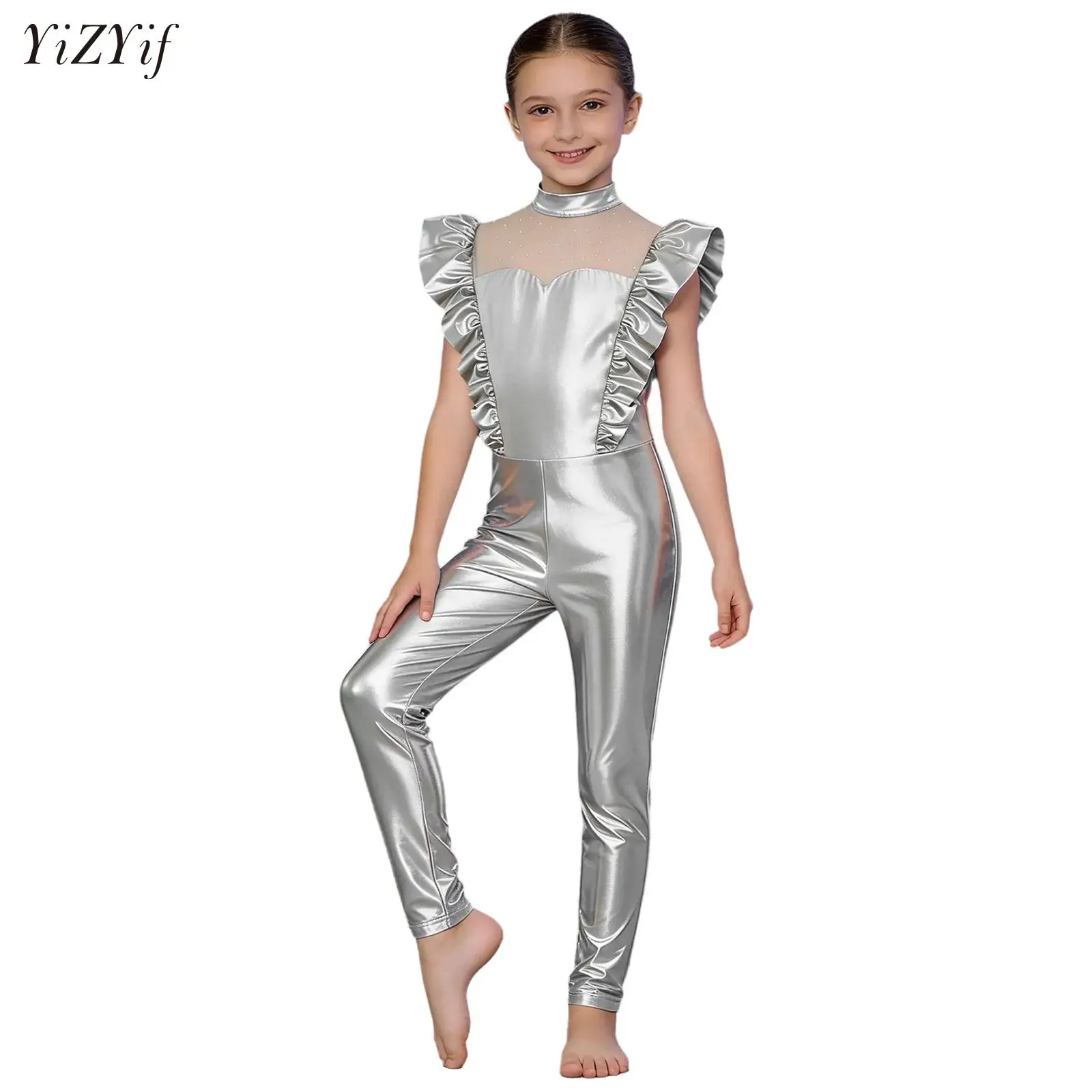 

Girls Alien Cosplay Costume Outfits Boys Metallic Shiny Alien Jumpsuit Halloween Full Length Bodysuit for Them Parties Stage