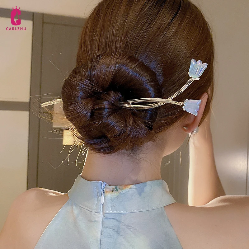 Chinese Style Vintage Glazed Flower Hairpin Hair Stick for Women Versatile High-end Headwear Hair Accessories