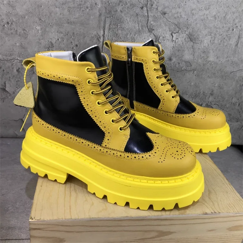 British Style Brock Ankle Boots Men's Thick Soled Genuine Leather Shoes Big Head Men's Chelsea Boot Botines Hombre