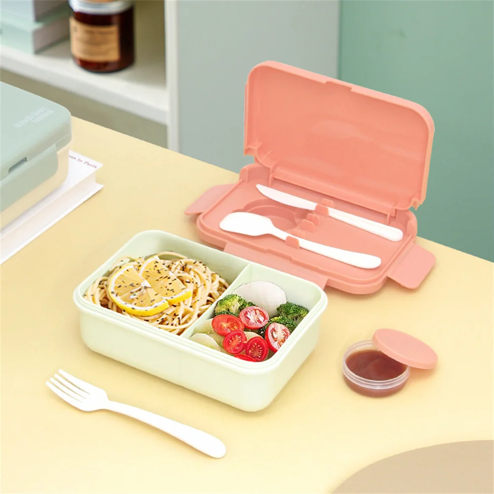1000ml Bento Lunch Box Students Lunch Box Microwaveable Plastic Seal Bento Box with 3pcs Tableware 2 Grid Snack Food Box Storage