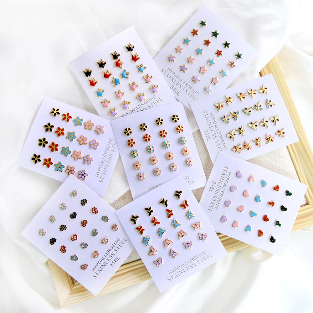 LUXUKISSKIDS Crown Heart Colorful Earrings Sets Children Korean Fashion Flower Stud Ear Clips Girls/Woman 10pairs Cute Jewelry