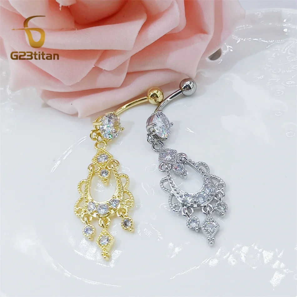 Long Dangle Zircons Belly Button Ring Surgery G23 Titanium Navel Piercing Barbell Unisex 14G Body Bar Fashion Sexy Jewelry Gifts