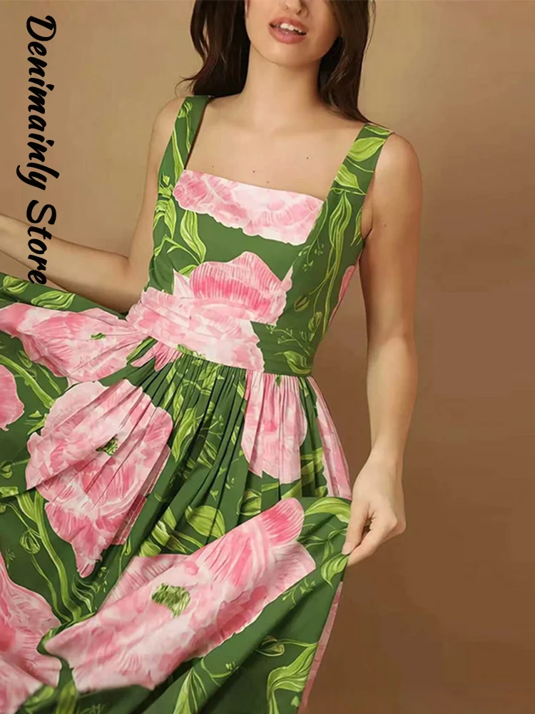 Elegant Women's Printed Floral Sling Dress Square Neck Sleeveless Backless Waist Cinching Large Swing Dresses 2026 Summer Robes