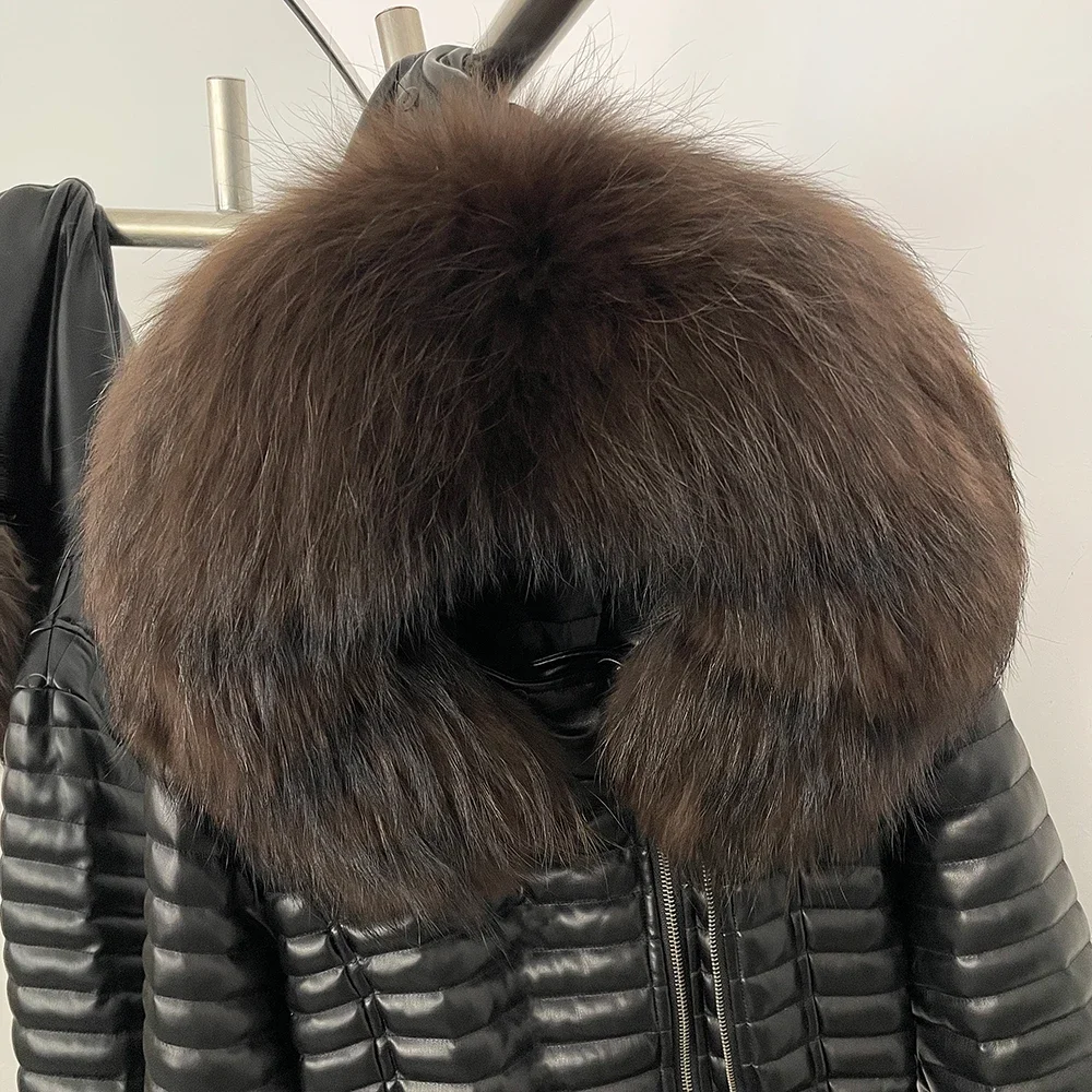 OFTBUY Damen Winter-Daunenjacke mit Echtem Pelzkragen, Gürtel, Langer Puffermantel mit Kapuze, Warme Modische Lässige Oberbekleidung – Detail 13