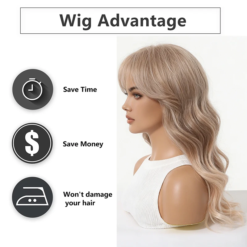 Ombre Rose Gold Long Wavy Wig Pre Plucked Natural Hairline 20" Air Bangs Glueless Heat Resistant Daily Party Wig For Black Women 3