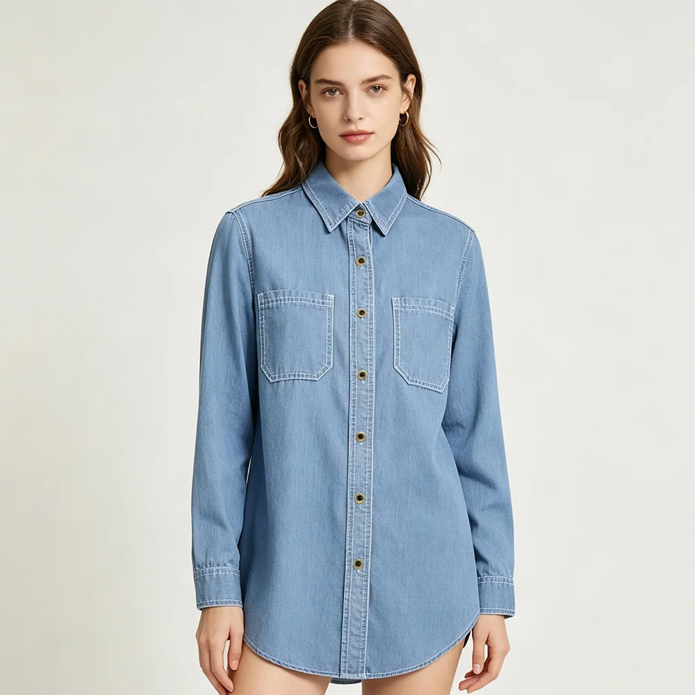 New Women Spring Autumn Long Sleeve Denim Shirt Fashion Turn-down Collar Single Breasted Loose Jeans Shirt Casual Daily Shirt