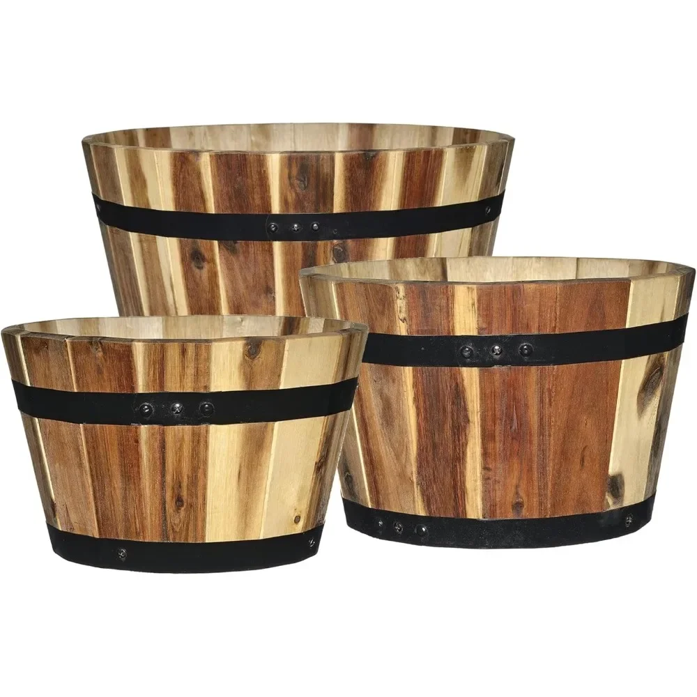 Set of Three Acacia Wood Barrel Planters for Home and Garden
