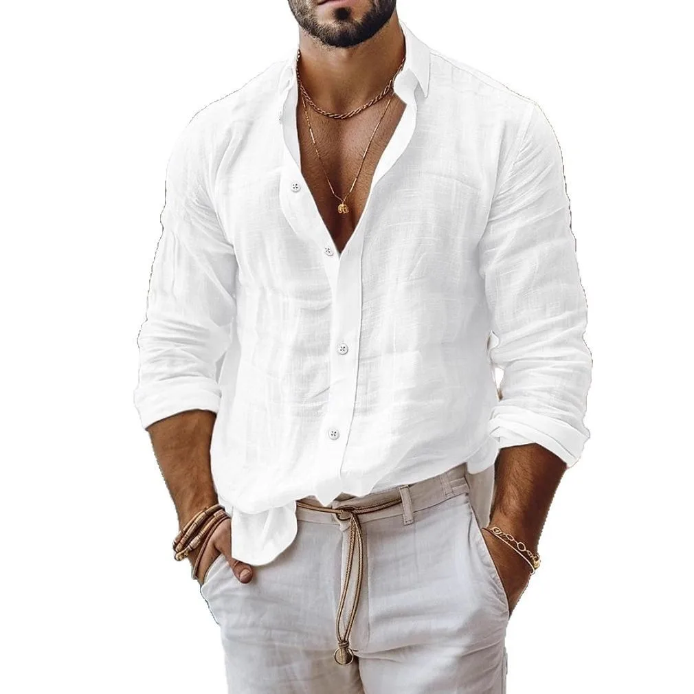 Casual Long Sleeve Shirt British with Regular Thickness Patchwork Spring Seamless Construction Notched Collar Men Shirts