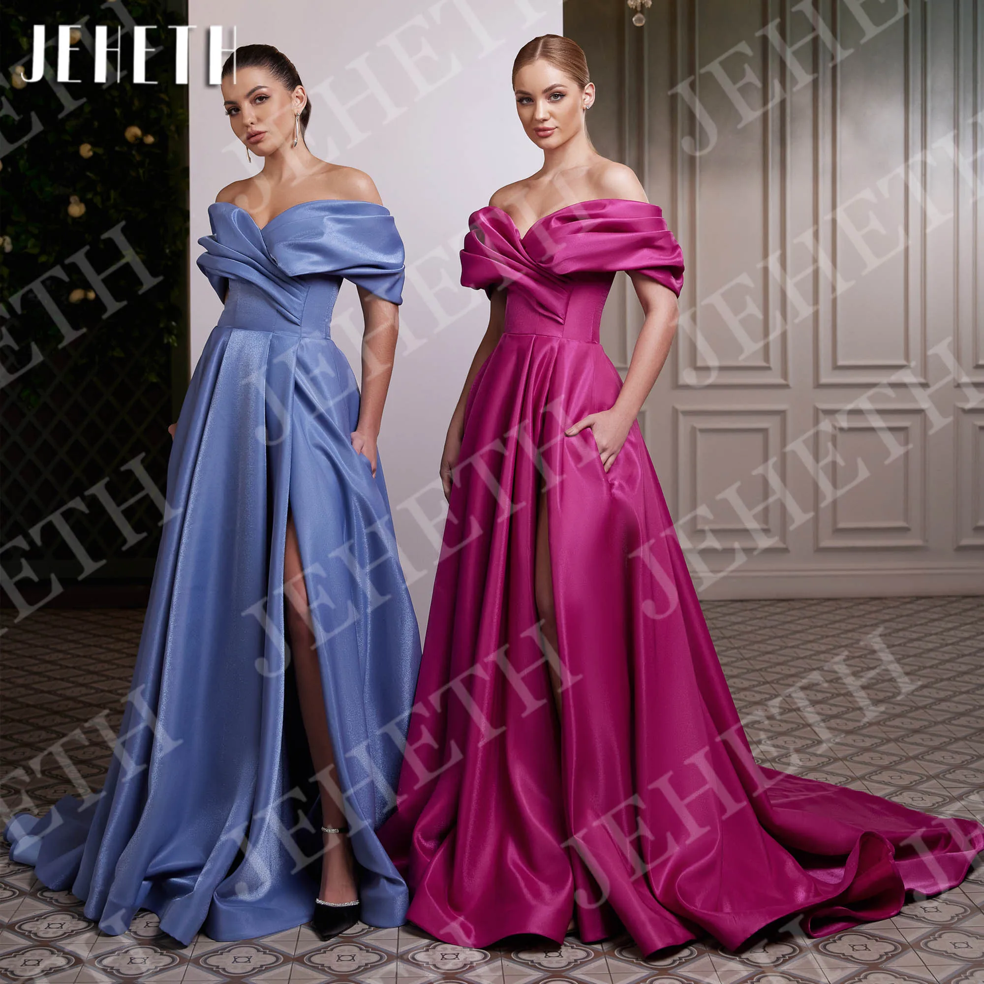 

JEHETH Elegant Satin Evening Dresses Off Shoulder High Slit Long A Line Prom Dress V Neck Woman Customized vestidos de noche