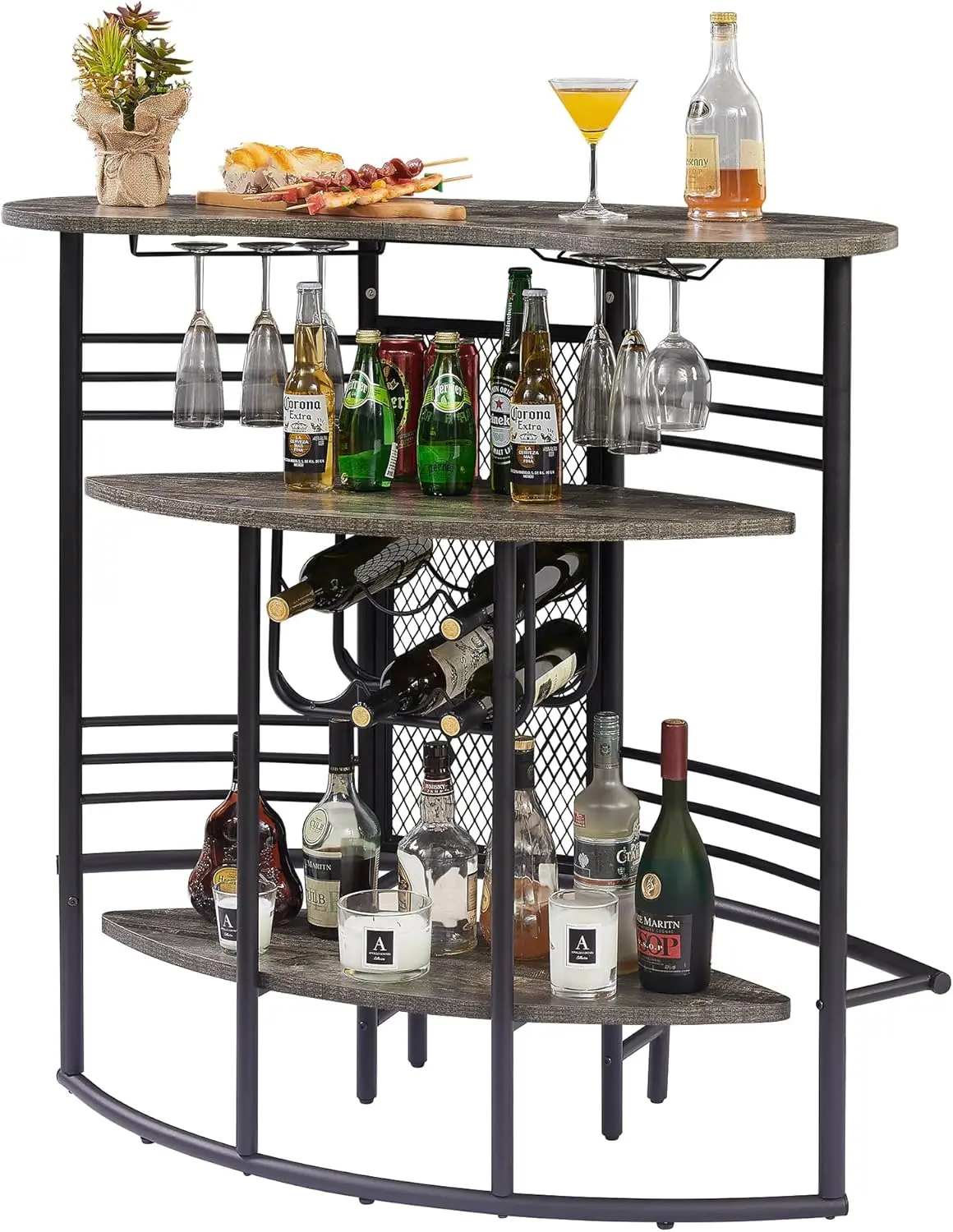 Wine Rack Table Modern Bar Unit with Storage Footrest, Industrial Freestanding Floor Wood Holder Liquor Cabinet