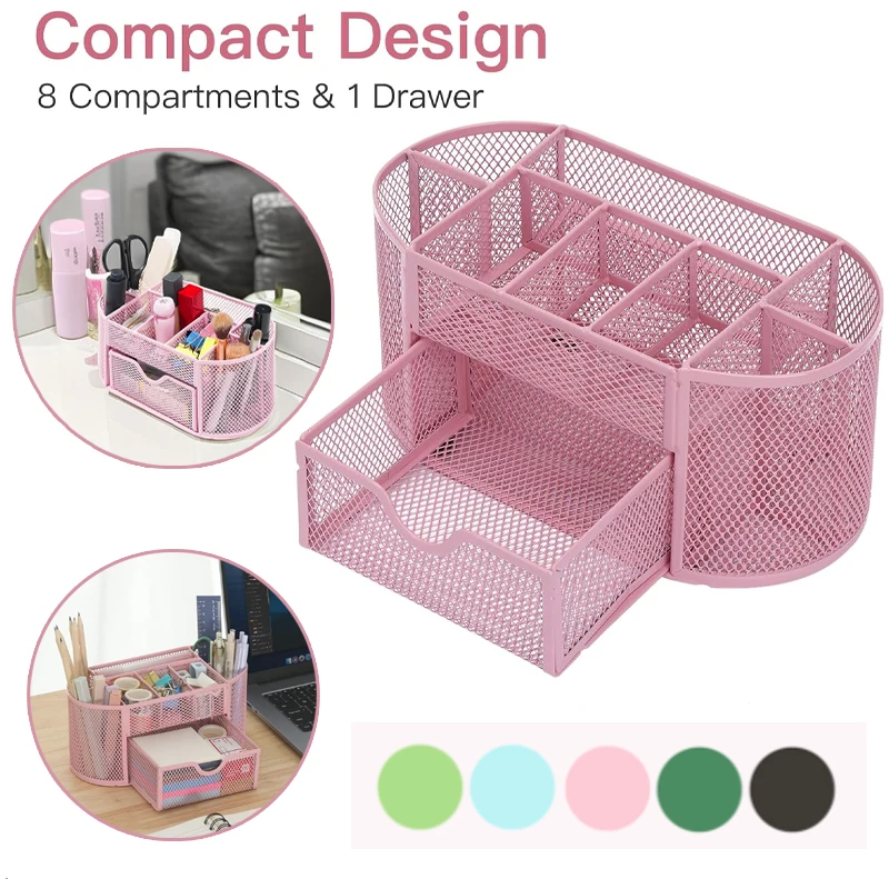

Multifunctional Mesh Desk Organizer with Drawer 9 Compartments Pen Holder for Office School Supplies Cosmetic Storage Storage