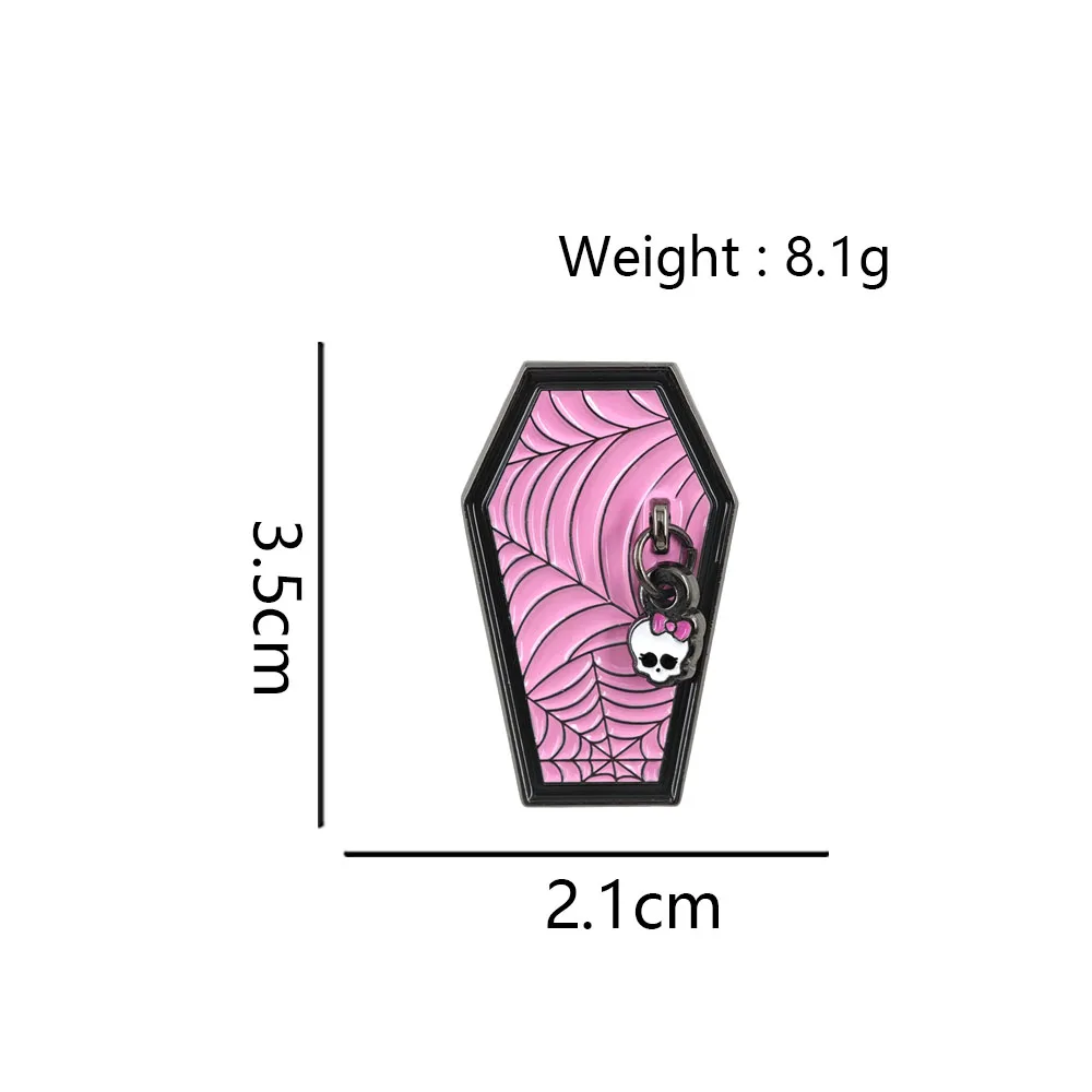 Goth Pink Sarg Spinnennetz Emaille-Pin Niedlicher Totenkopf Schleife Metallbrosche Punk-Abzeichen Taschen- und Kleidungsschmuck Geschenk für Frauen und Freundinnen – Detail 2