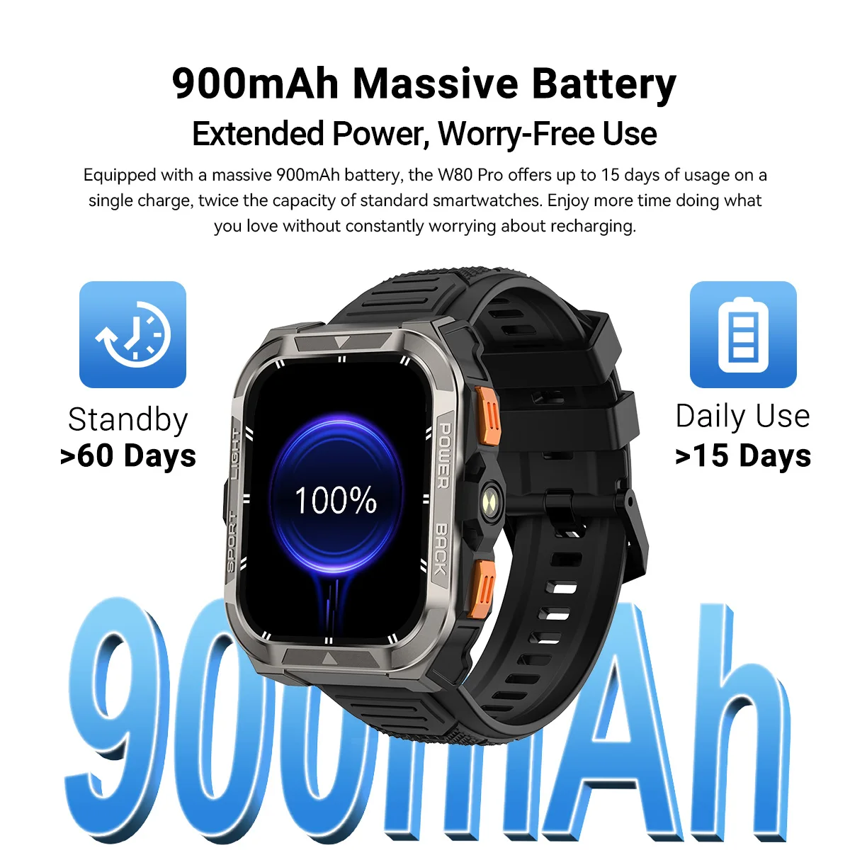 ساعة ذكية متينة للاستخدام الخارجي Blackview W80 PRO، ساعة ذكية بموضع GPS، شاشة 1.91 بوصة، 900 مللي أمبير في الساعة مع مصباح يدوي للطوارئ SOS