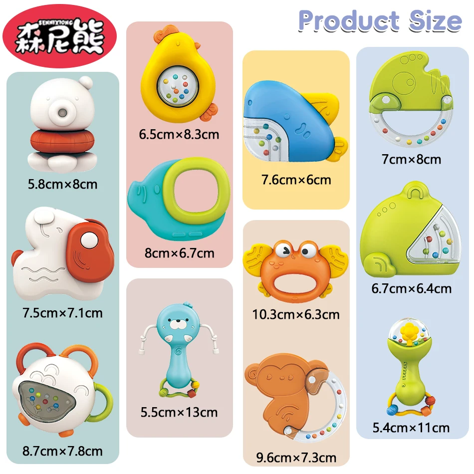 SENNIXIONG Baby Tafelbel Schattige Puppy Krab Haai Rammelaar Baby Kauwbare Bijtring Montessori Zintuiglijke Speelgoed Voor Peuter Walvis Doos Gift
