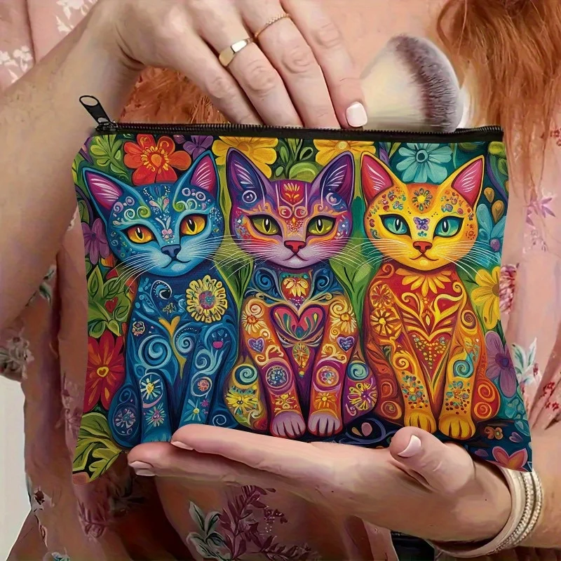 Bohemian Cat Print Canvas Makeup Bag-Lightweight, Foldable, and Fade-resistant Makeup Pouch,Suitable for Travel and Daily Use