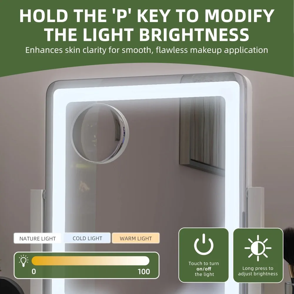 Espelho de maquiagem LED inteligente com 360 °   Rotação, ampliação 10X e 3 modos de luz, espelho de vaidade com controle de toque para maquiagem de precisão