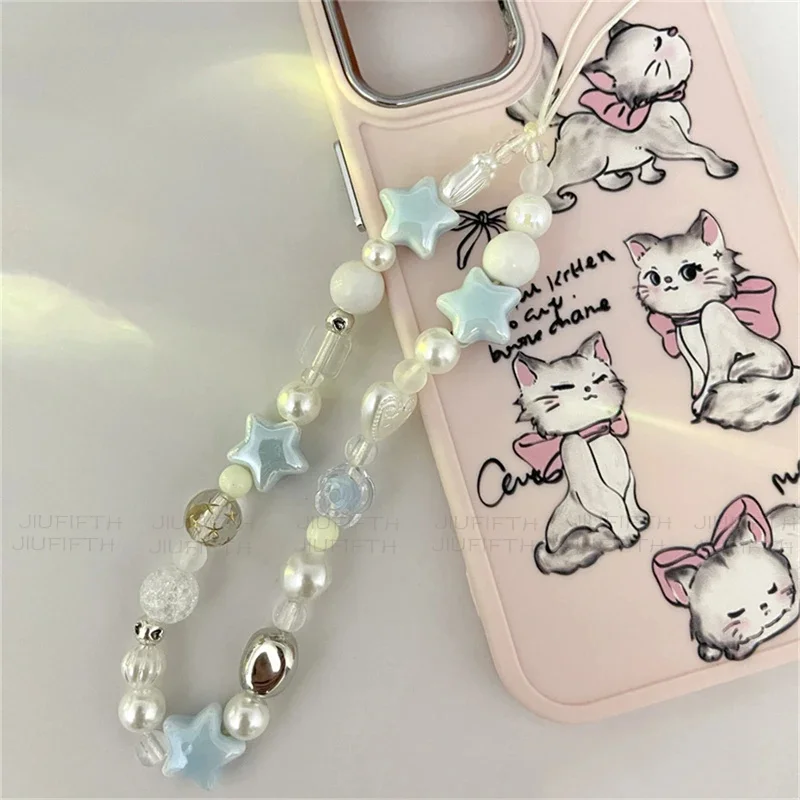 For iPhone Universal Accessories Lanyard Hanging Rope For Girl Pendant INS Star Pearl Beads Phone Short Chain Trendy Pendant