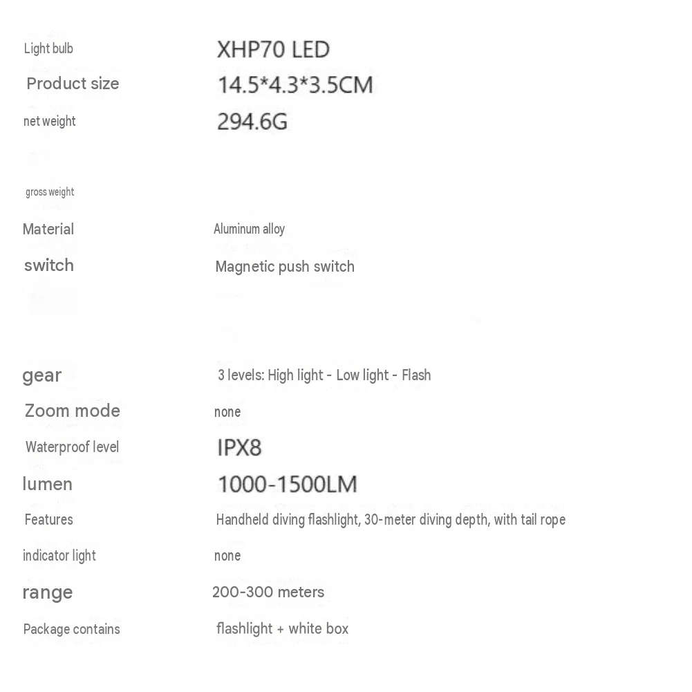 XHP70 LED Diving Flashlight 1000LM IPX8 Waterproof with Magnetic Switch for Underwater Use 14.5x4.3x3.5cm Black