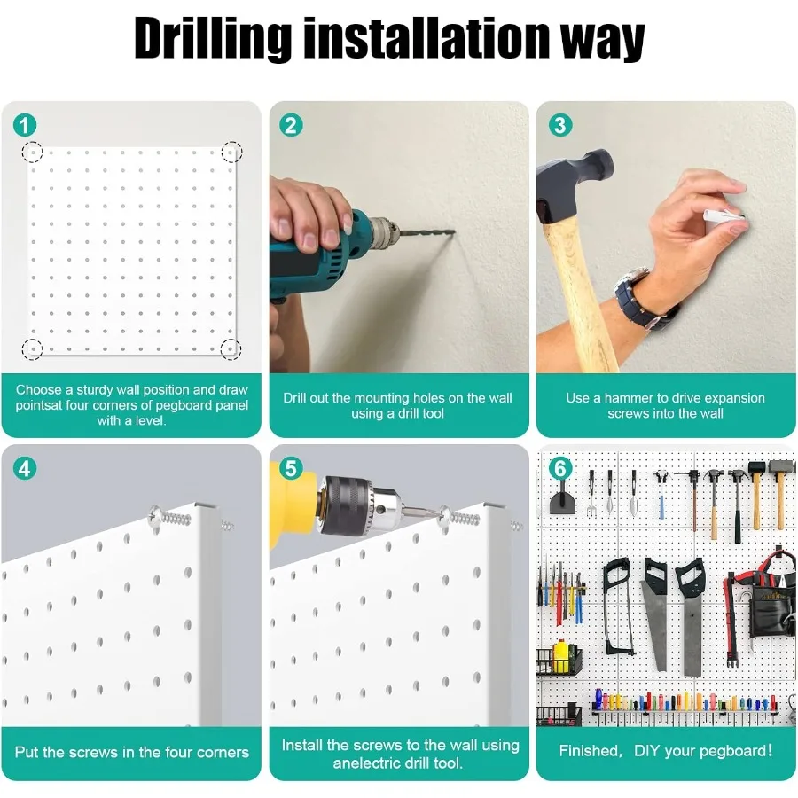 Confezione da 6 pannelli forati in metallo bianco con cornice piegata per una grande organizzazione di pareti resistenti nella sala artigianale del banco di lavoro del garage di casa K