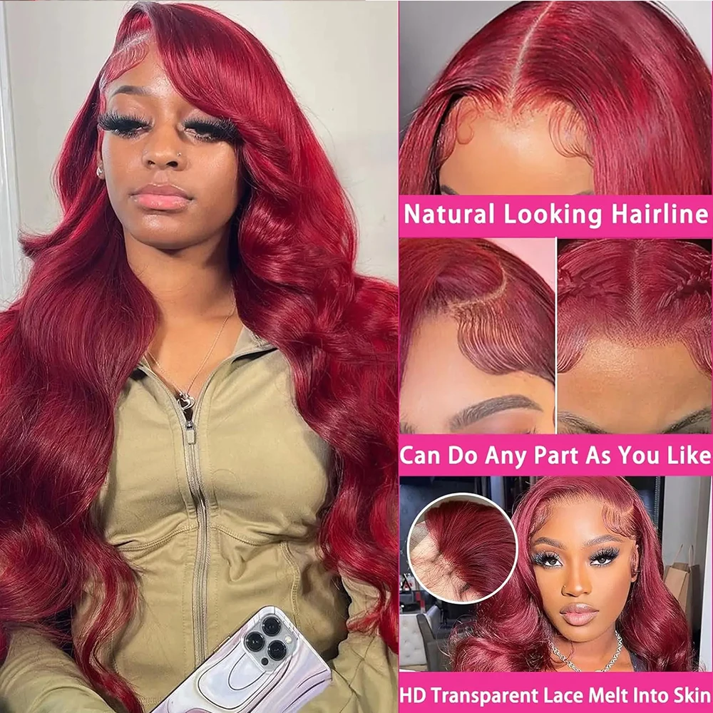 Perruque Lace Front Wig Body Wave Naturelle, Cheveux Humains, Couleur Bordeaux 99J, 4x4, 13x6, HD