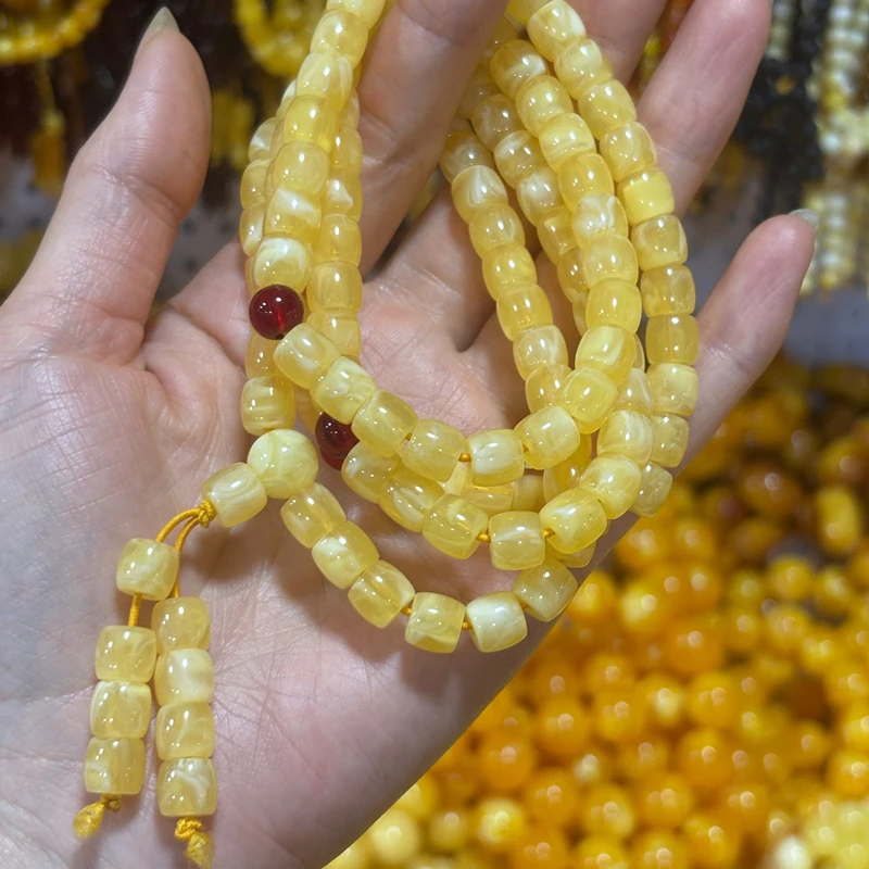 

Natural Amber White Beeswax 108 Bead Necklace Russian White Flower Wax Design Multi-Circle Gold Porcelain round Buddha Bead Gift