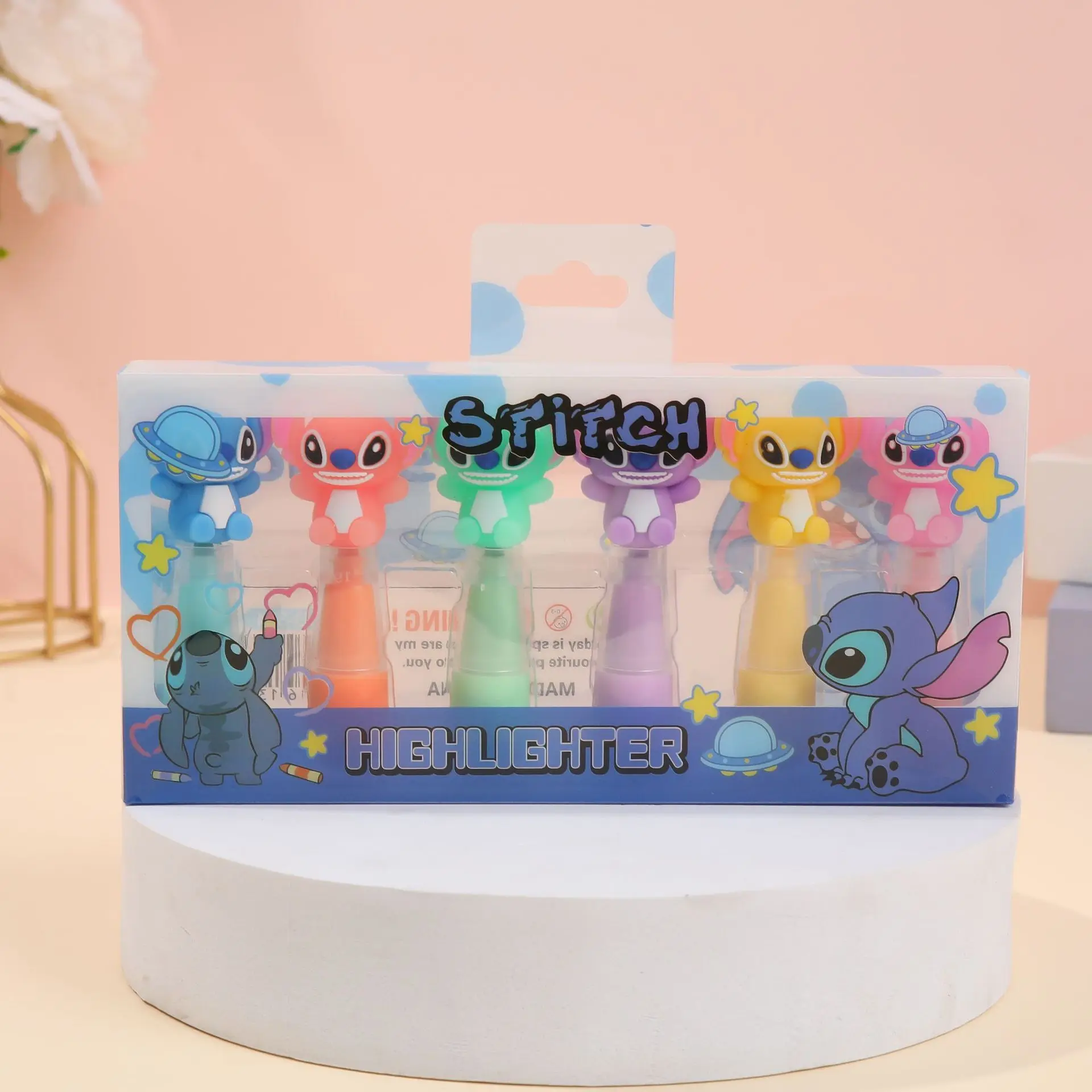 4/6/8pcs Disney Stitch Figure Highlighter Pen 6-color Mini Cartoon Single Inclined Student Stationery Hand Account Birthday Gift