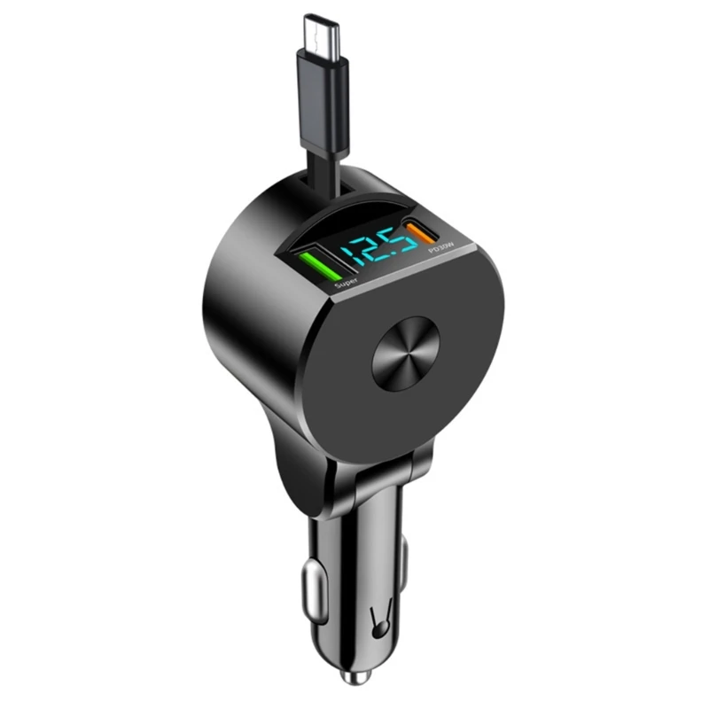 3 In 1 Retractable Cable Car Adapter with PD30W Fast Charging and Digital Display for 12V-24V Automotive Trucks