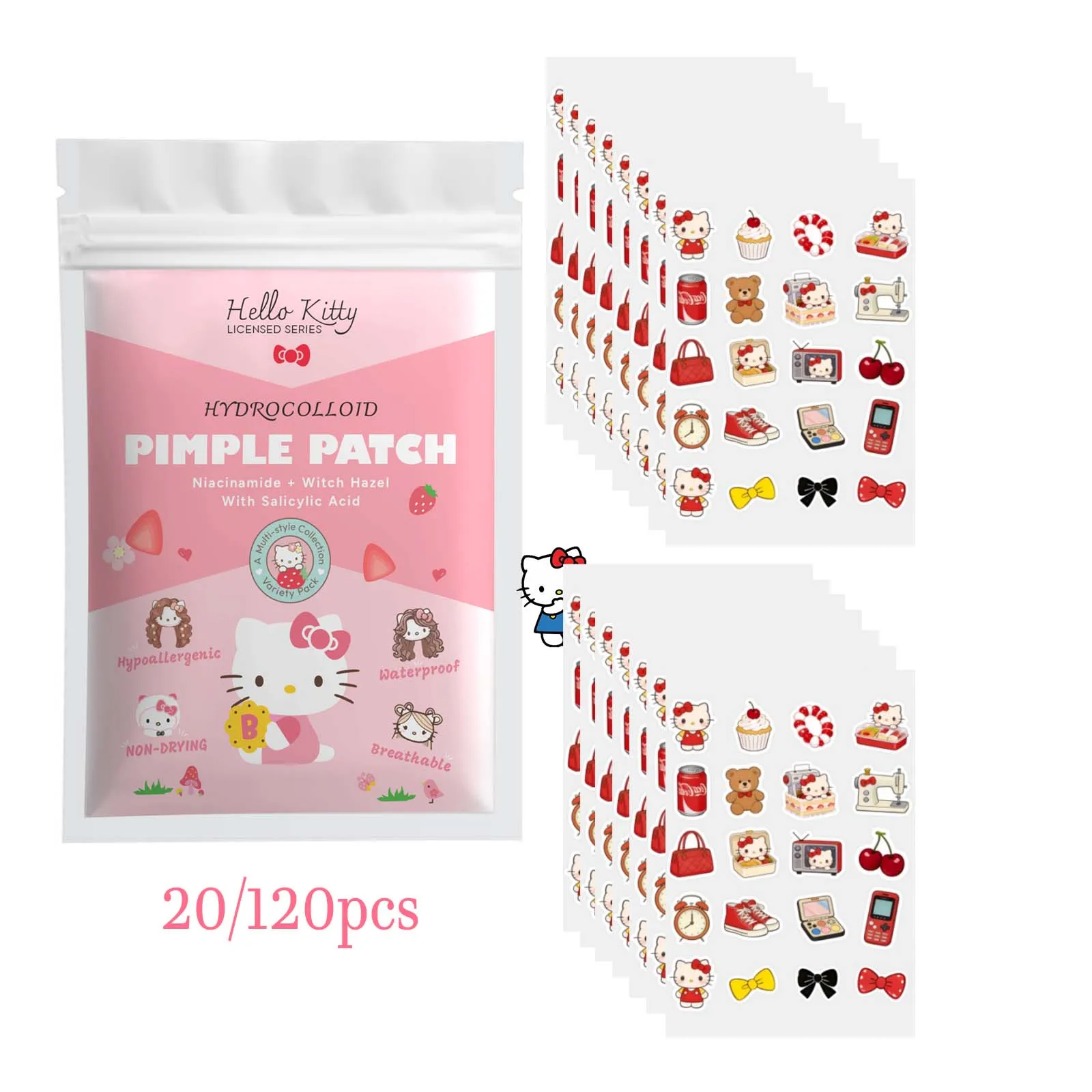 20/120PCS Patchs pour le visage Kawaii Hello Kitty, Patchs hydrogel mignons pour les imperfections