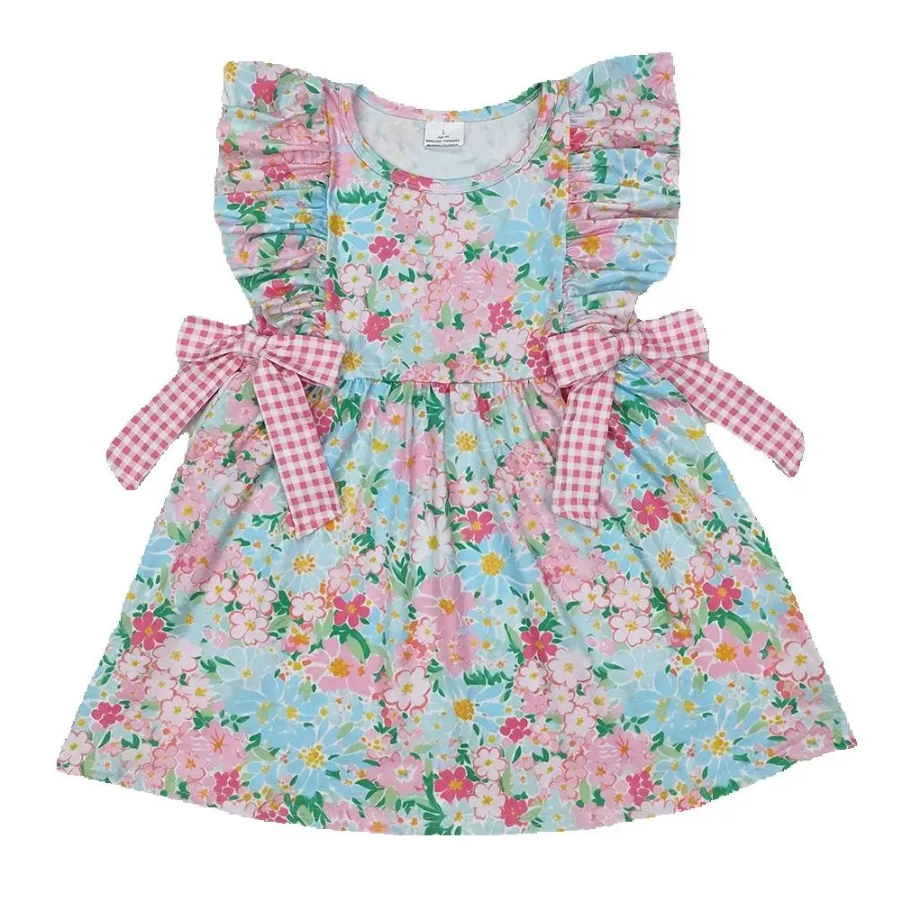 

3.10 GSD1962 Girls Floral Print Dress with Polka Dot Pattern Bowknot Lace Sleeves Pink Plaid Skirt for Kids