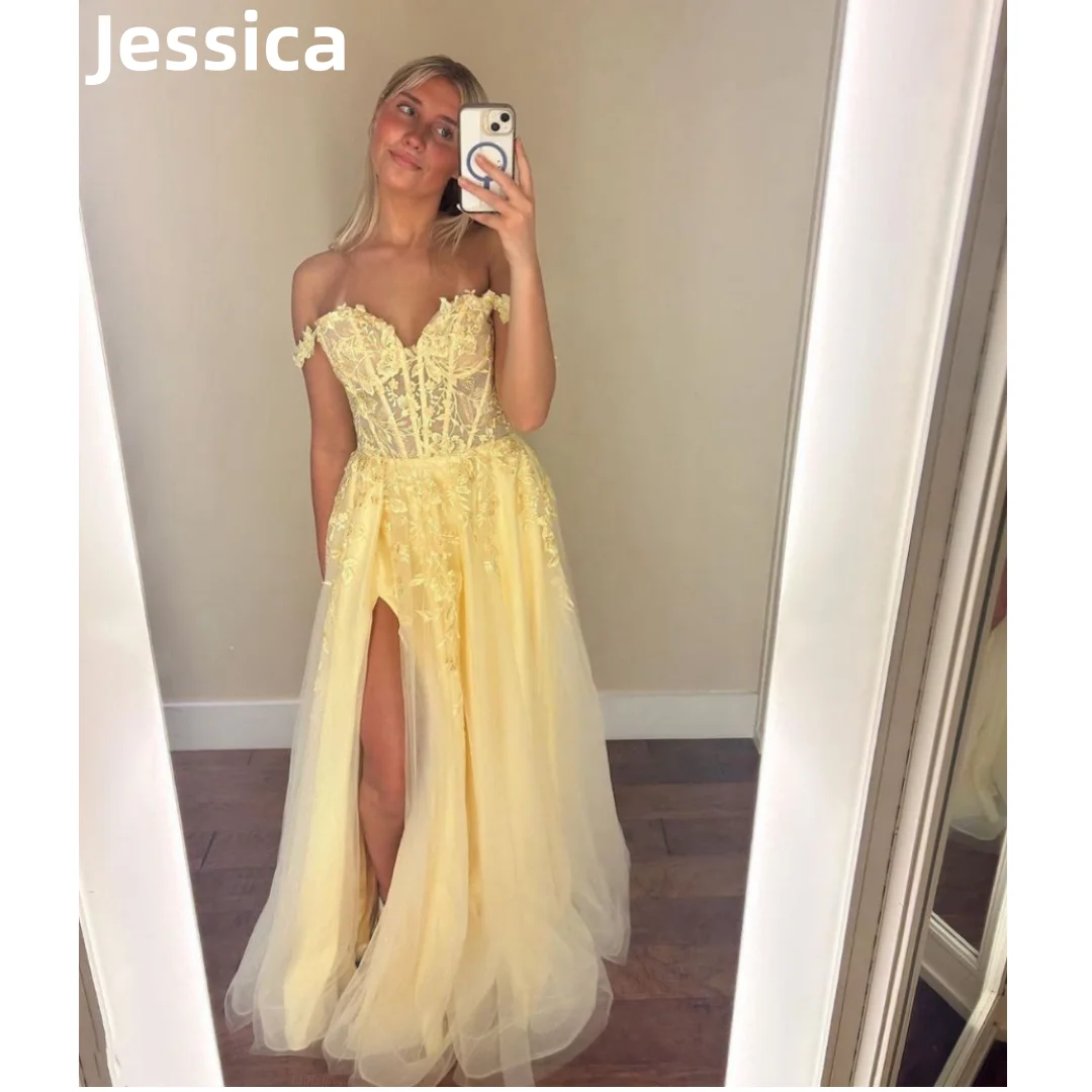 Jessica Embroidered Tulle Prom Dress Yellow Fairy Formal Evening Dresses Prom Dresses A-shaped Party Dresses Vestidos De Noche