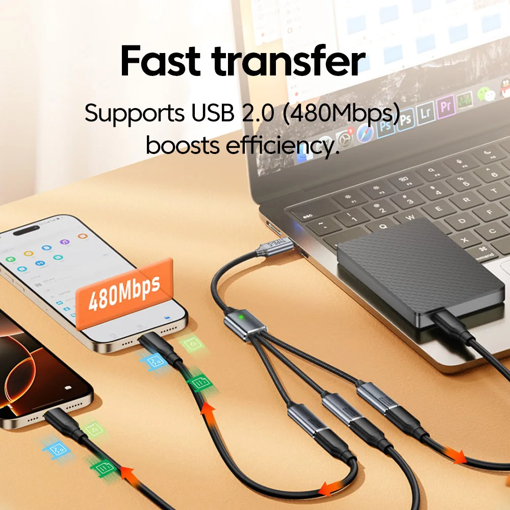 USB/Type-C 3 في 1 كابل توسيع USB2.0 الفاصل محور المتوسع شاحن الهاتف محول الطاقة OTG شحن آيفون 15 16 سامسونج