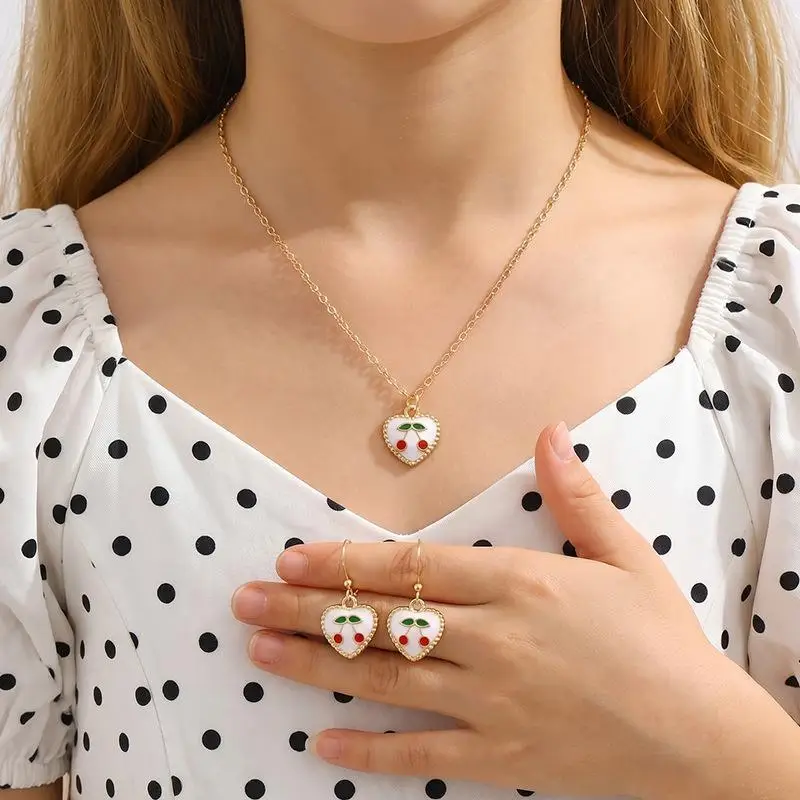 Strawberry Necklace Earrings Set Rhinestone Inlaid Sparkly Alloy Jewelry Cute Style for Girls Valentine's Day Gift