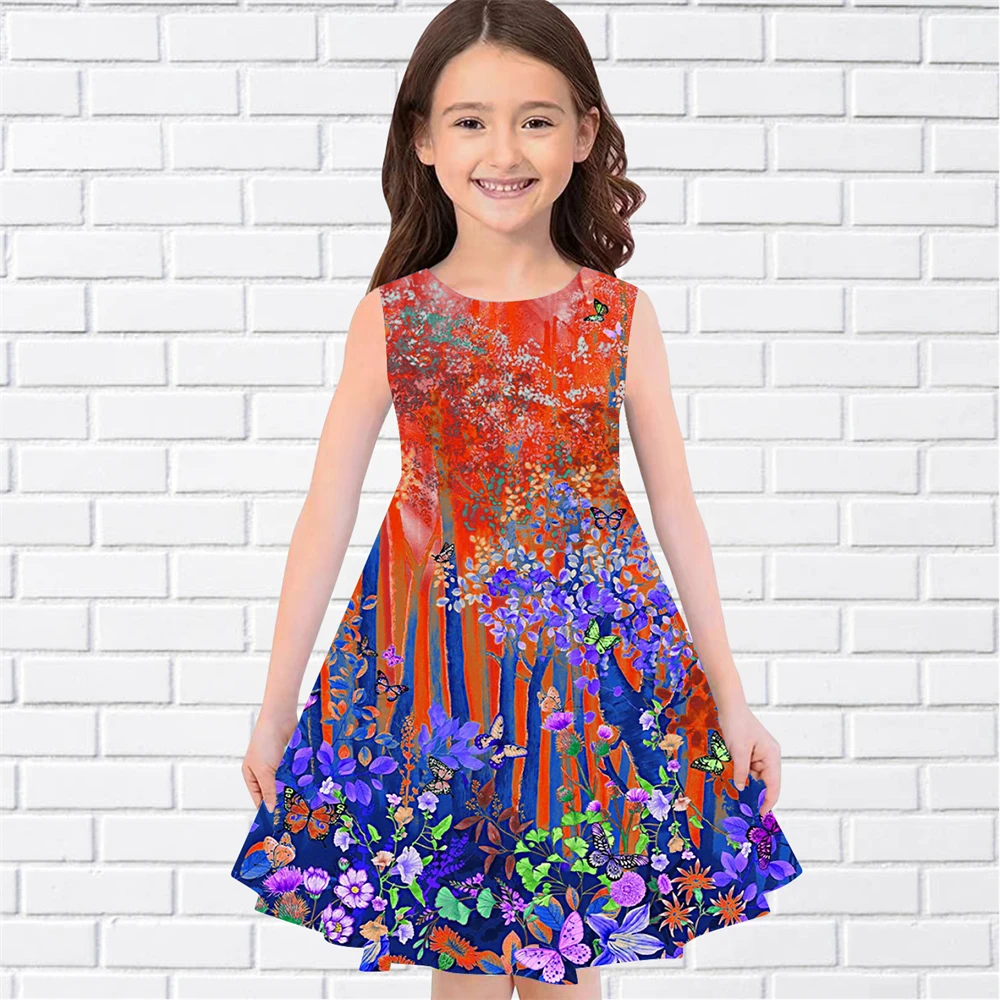 Teen Girls Colorful Flower Print Dresses Kids Girl Party Sleeveless Princess Dress Tank 3D Print Pretty Butterfly DressClothing