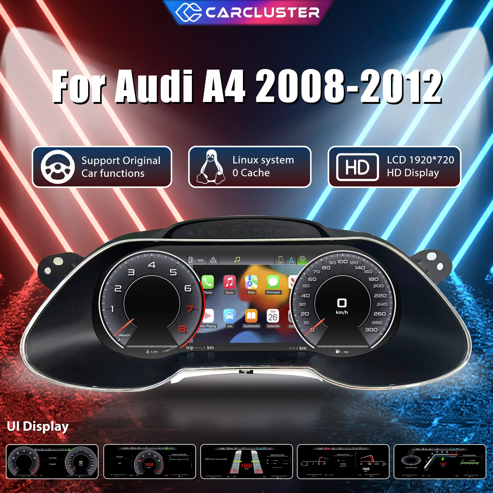 Carcluster 12,3'' LCD-Digital-Cluster für Audi A4 Baujahre 2008-2012 Digitales Armaturenbrett mit HDMI-Unterstützung, Carplay, Radio, Armaturenbrett-Instrumententafel