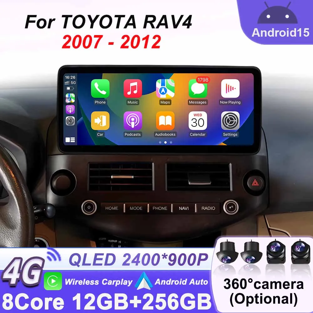 

GPS Navigation 12.3" for TOYOTA RAV4 2007-2012 Car Radio Stereo Multimedia Video Player Android 15 Wireless CarPlay Android Auto