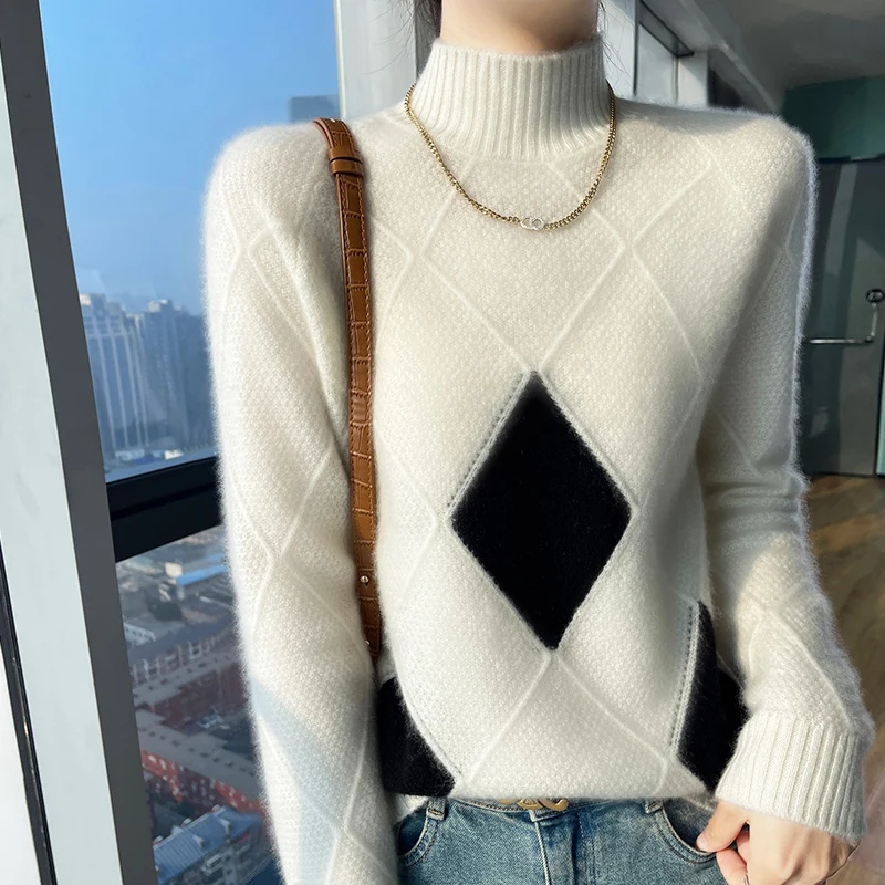 Winter new women\'s sweater 100% pure sweater thick turtleneck pullover color matching diamond cashmere sweater top.