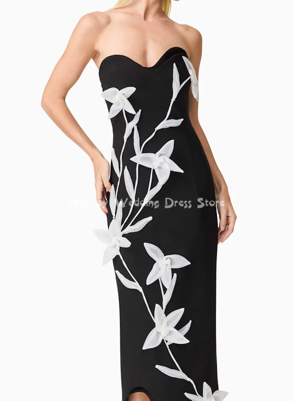 Heyday レディース クレープ ストラップレス 3D フラワー ストレート サウジ イブニングドレス ノースリーブ ティーレングス フォーマル エレガントドレス 2025