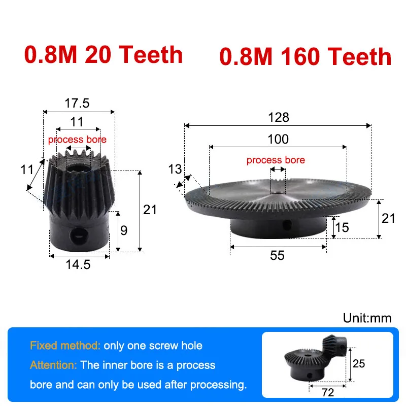 1Set(2pc) 90 Degrees Precision Bevel Gear 0.8 Module 1.25 Module Speed Ratio 1:8 Transmission Bevel Gear Process Bore