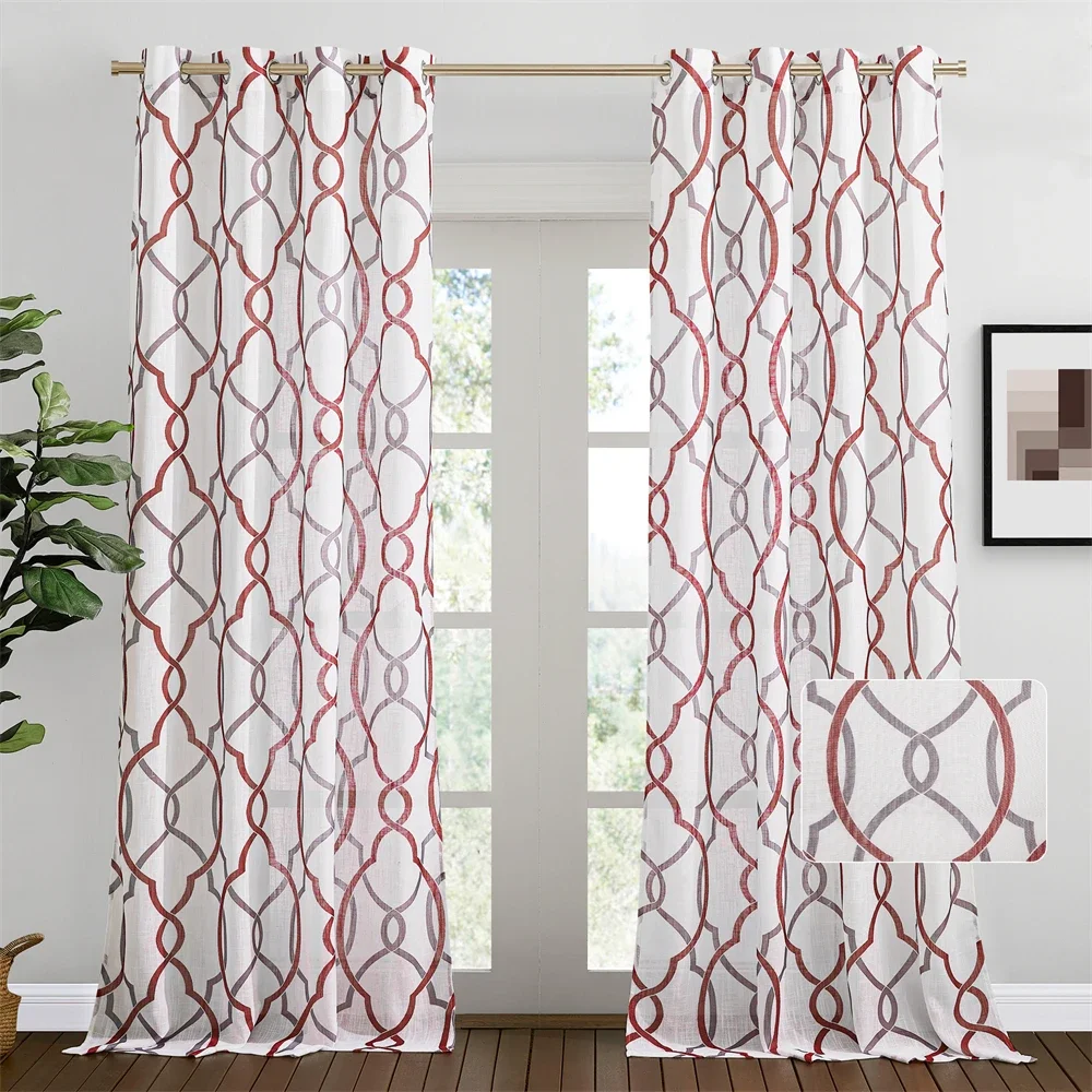 

RYB HOME 2 Color Decoration Sheer Curtains Geometric Alternation for Porch Exterior Voile with Grommet Christmas Curtains