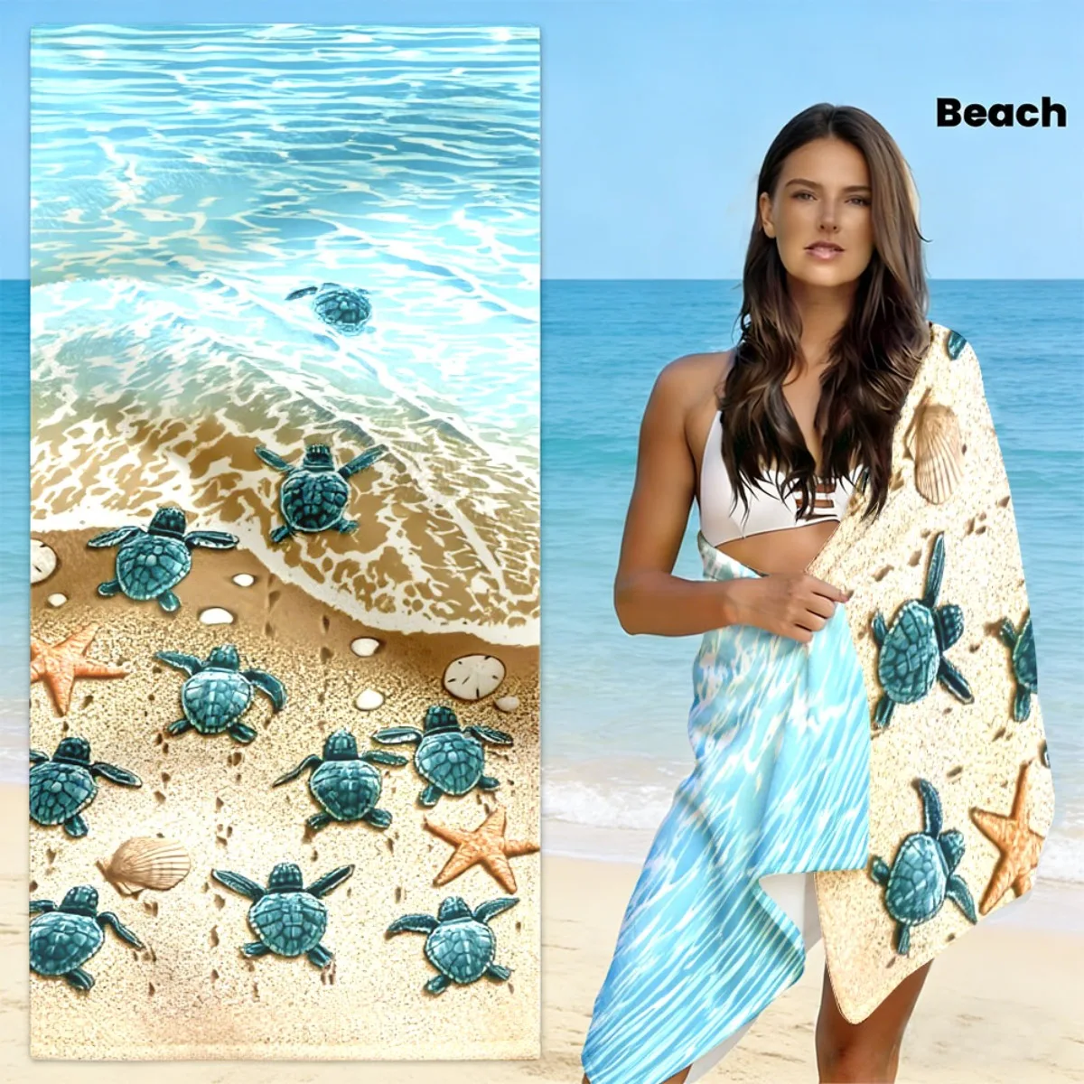 Light Blue Ripple Water Two Blue Starfish Super Absorbent Quick Dry Beach Towel Seaside Outdoor Travel Bath Blanket