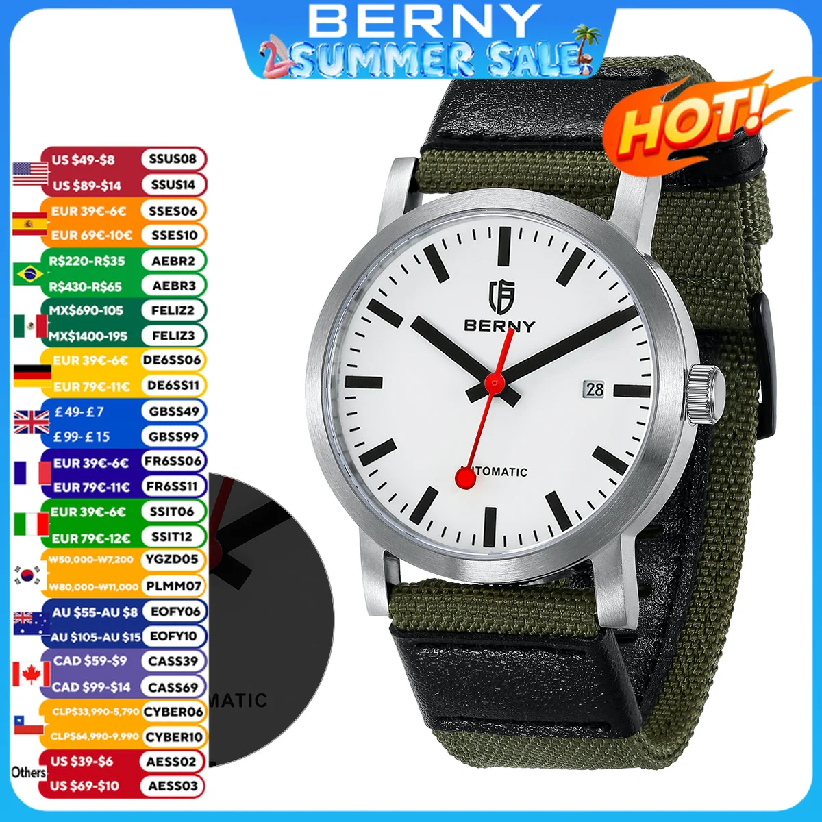 BERNY Automatic Watch Men Mechanical Male Wristwatch 50M Waterproof MIYOTA 8215 Movement Luxury Classic Track Watch for Men
