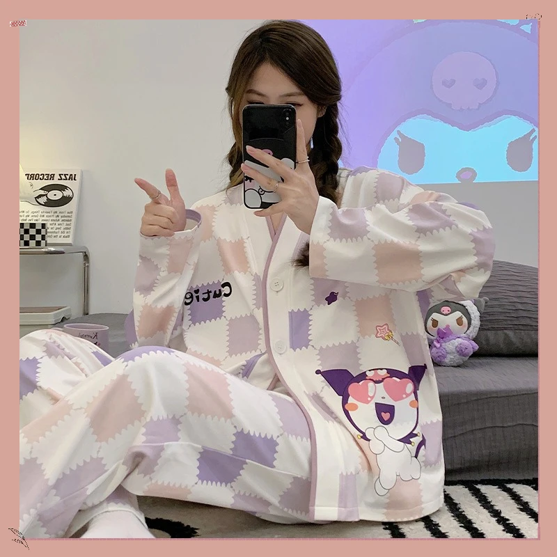 

Autumn Sanrio Kuromi Pajamas Womens Long Sleeved Pants Sweet and Comfortable Soft Home Furnishings Soft Fabric Gifts To Friends