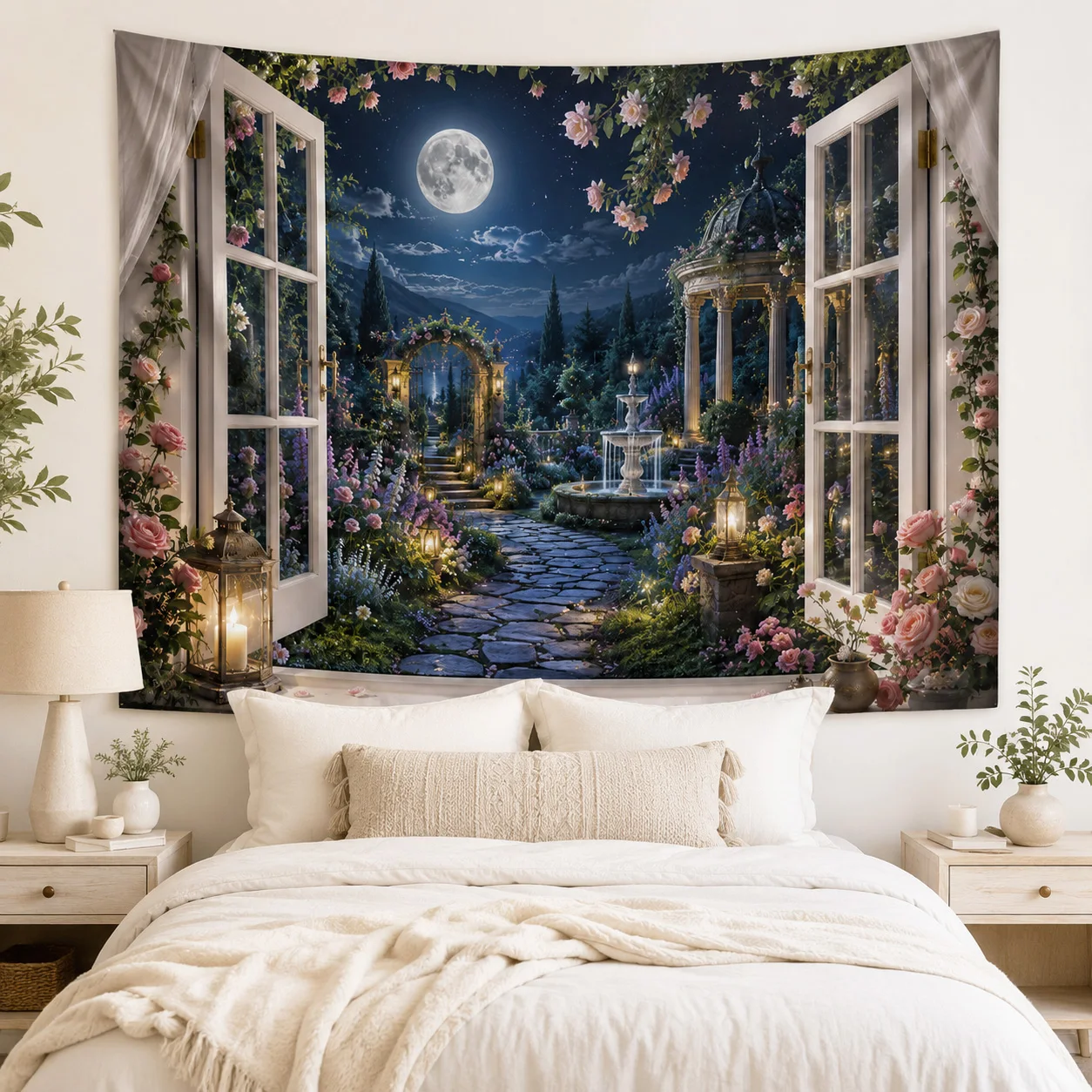 3D Window Night Moon Floral Garden Wall Tapestry Fountain Landscape Wall Hanging Aesthetic Bedroom Home Decor Housewarming Gift