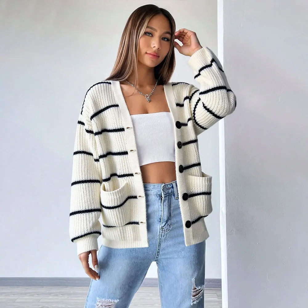 Striped Autumn Women's Cardigan Color Blocked Single Breasted Pockets Female's Knit Sweater Slouchy-Style Slim Knitwear For Lady