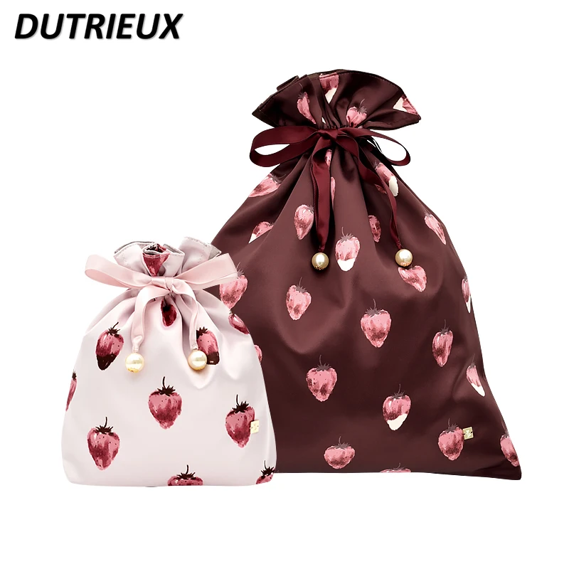 Ladies Sweet Big Strawberry Travel Portable Cosmetic Drawstring Bag for Women Sweet Cute Underwear Storage Make Up Bag Female