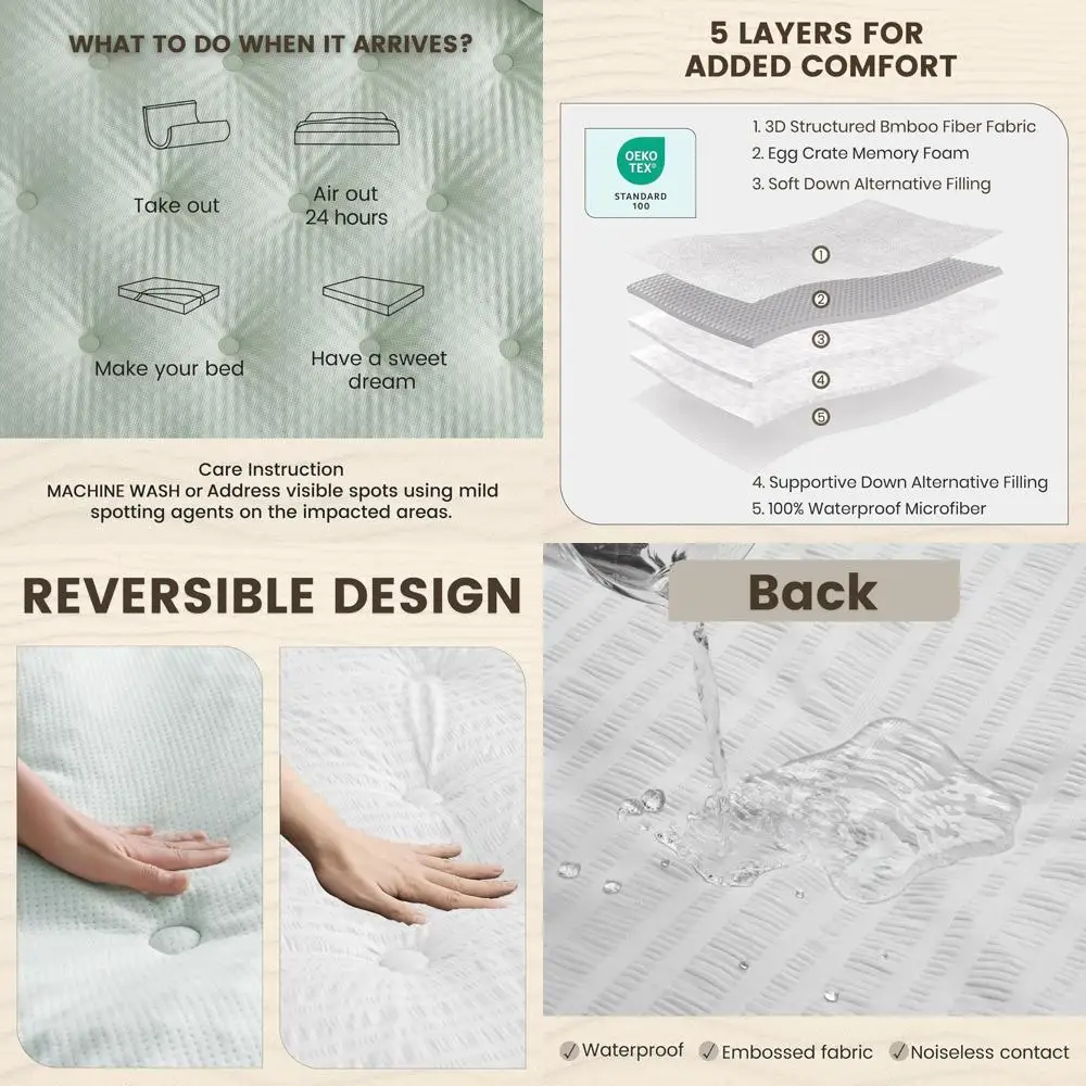 

Топпер из пены с эффектом памяти для яичного ящика для короткого матраса королевы, бамбуковый вискозный коврик, водонепроницаемый чехол до 21, 60x75