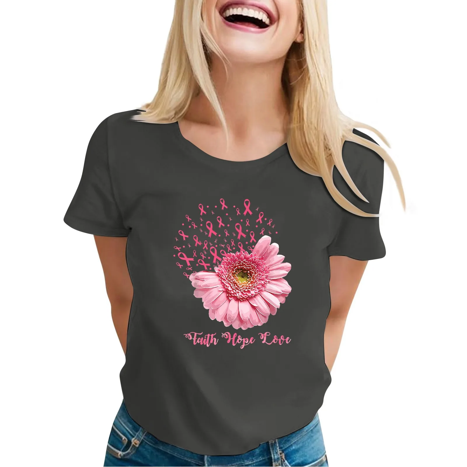 Frauen neue Tops Mode lässig Kurzarm Brustkrebs Day Print Rundhals-Pullover Tops täglich grundlegende regelmäßige bequeme Tops
