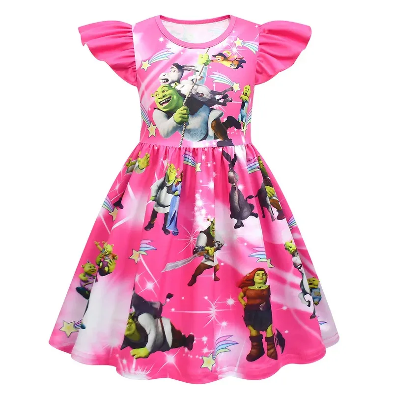 

zz04zz12Shreks платья Fiona с летающими рукавами трапециевидной формы Shreks and Donkey с мультяшным принтом для девочек балетное платье на бретелях детская вечеринка Clo