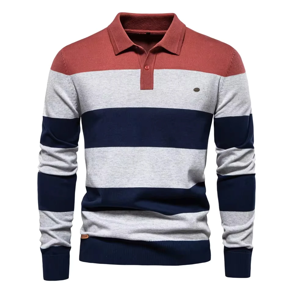 2025 Autumn New Fashion Men's Color-coded Striped Casual Trendy Turn-down Collar Long Sleeve Knitted Polo Shirts Male Clothes