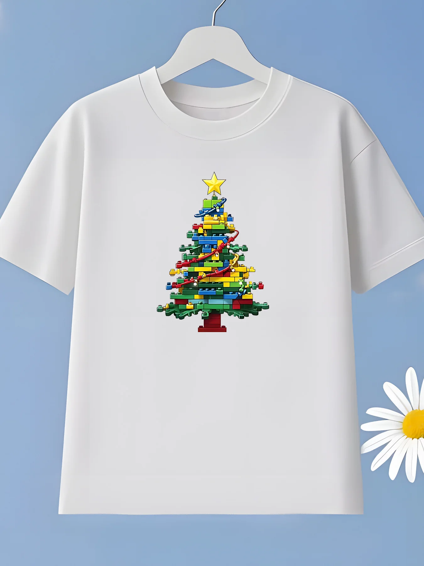 Building Block Shaped Christmas Tree Pattern Design T-shirt, Summer Trend Breathable Round Neck Parent-child Top